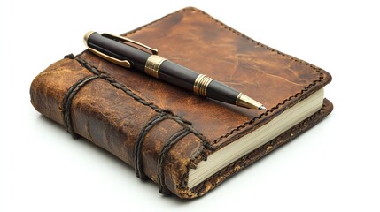 A travel journal with a pen resting on top, isolated on a white background