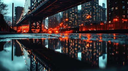 Obraz premium Illustration of a city bridge with its metal structure reflected in puddles after rain. City lights illuminate the bridge and puddles. Ai generated image