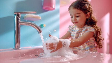 Young girl child washing hands with soap and foam on studio background. Health, cleanliness, handwashing, importance of children's hygiene practices, and happy routines. Copy paste