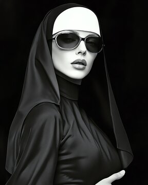 A woman in a modern, stylized nun costume with sleek, minimalist lines, standing boldly on a black background