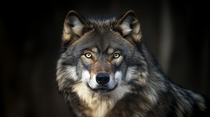 Obraz premium Close-Up of Wolf Face with Piercing Yellow Eyes and Dark Fur Against Dramatic Background