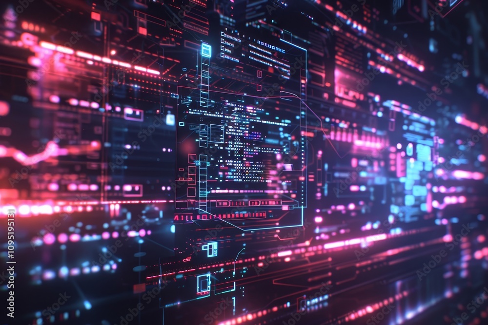 Poster a holographic interface with codes running and data processing .a vibrant, high-tech environment fea