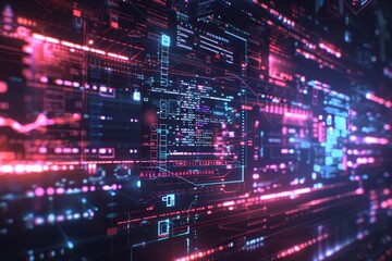 A holographic interface with codes running and data processing .A vibrant, high-tech environment featuring futuristic designs and glowing interfaces, representing advanced technology.