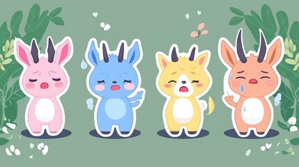 Adorable cartoon animals with playful expressions, featuring pink, blue, yellow, and orange characters with whimsical horns, perfect for children’s designs.