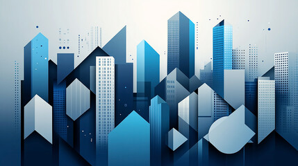 Fototapeta premium wide city facade with blue color different geometric shape buildings in white background and open sky 