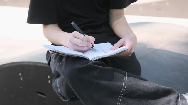 Artist sketching in a notebook outdoors, capturing inspiration and ideas in a slow motion creative process