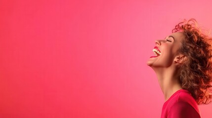 Woman laughing with blank area for overlay text, funny meme graphic, lighthearted joy