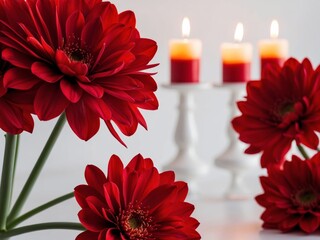 Closeup of vibrant red festive flowers with lit candles in background.