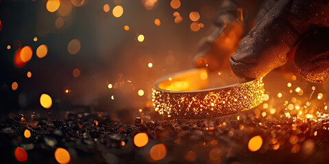 A glowing golden ring is carefully crafted amidst a shower of sparks, highlighting the beauty of metalwork and craftsmanship.