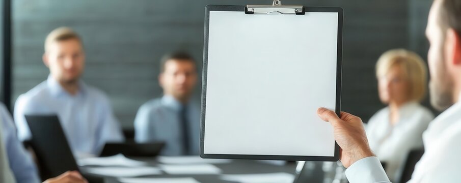 Worker holding blank clipboard in a meeting, ideal for adding fake data, meme template, meeting filler