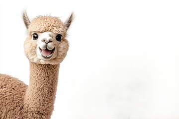 Alpaca with big grin and blank area for cute caption, animal meme template, adorable laughter