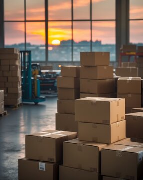 Logistics and shipping concept with cardboard boxes in distribution center at sunset.