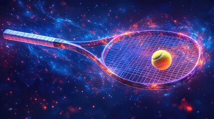A vibrant tennis racket and ball set against a cosmic background, symbolizing sports energy.