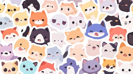 Adorable Collection of Cute Cartoon Animal Faces in a Colorful Patchwork of Expressions Ideal for Pet Lovers, Children&rsquo;s Themes, and Creative Projects