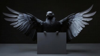 Crow with raised wings and blank space, ready for dramatic meme text, animal joke graphic, theatrical