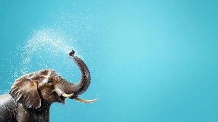 Obraz premium Elephant spraying water with blank area for refreshing caption, funny pet template, splashy humor