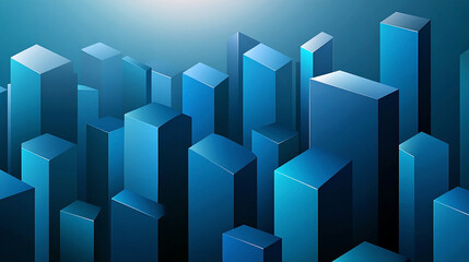 wide city facade with blue color different geometric shape buildings in white background and open sky 