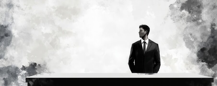 Employee with blank desktop wallpaper, perfect for custom motivational quote, meme template, desk decor