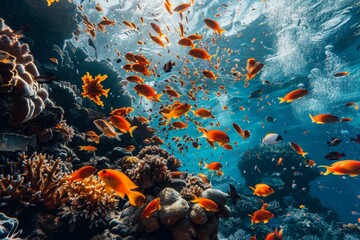 Fototapeta premium A vibrant coral reef teeming with colorful fish swimming gracefully in clear blue water. A lively coral reef bursting with tropical fish.