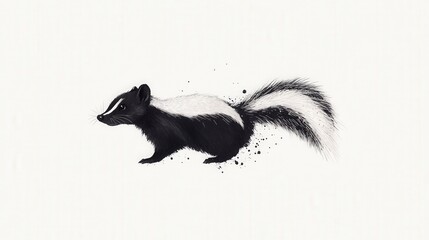 Illustrated Striped Skunk in Motion with Abstract Ink Splashes on White Background, Capturing the Essence of Wildlife and Nature in Art