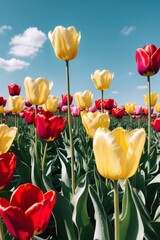 Fototapeta premium Vibrant tulip fields in full bloom on sunny day.
