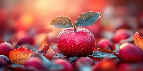 A beautifully detailed image captures a vibrant red apple covered with dewdrops, resting on autumn leaves in a softly lit, serene natural setting