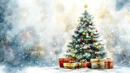 akwarela, choinka świąteczna, prezenty pod choinką, pastelowe kolory, neutralna paleta barw, białe tło, realistyczne malarstwo, sztuka akwarelowa, minimalistyczna kompozycja, świąteczna ilustracja, el