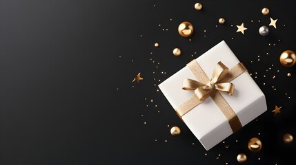 White gift box with golden ribbon and sparkling star decorations on a dark background, luxury holiday celebration concept, minimalistic design, ideal for banners, greeting cards, or festive templates