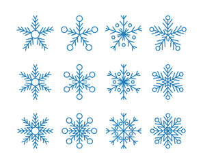Blue snowflake outline icon set. Snow and cold winter symbol.