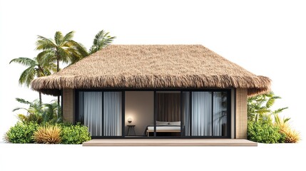 beachside bungalow with a thatched roof and large glass doors isolate white background