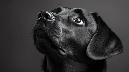 Black Labrador looking up with a thoughtful expression