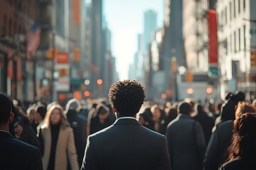 Obraz premium Sunlit City Street Urban Professional Walking Through Rush Hour Crowd