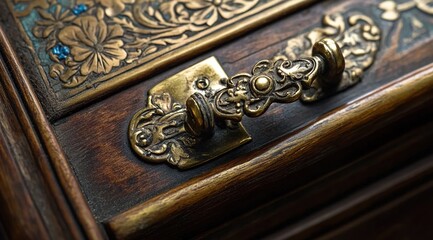 Fototapeta premium Close-up of an ornate Victorian brass door, macro photography