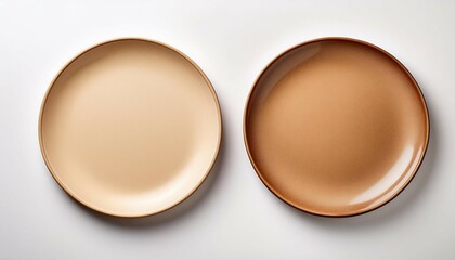empty two beige plates top view isolated on white background copy space template