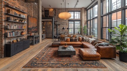 Luxury Loft Apartment Interior Design: Exposed Brick Walls, Large Windows, and Leather Furniture