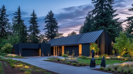 Modern Black House at Dusk: Architectural Beauty in a Tranquil Setting