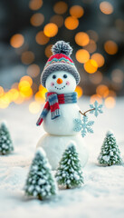 Obraz premium Joyful Snowman in a Snowy Winter Wonderland with Bokeh Lights . Christmas Card Template