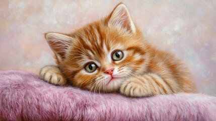 Adorable Ginger Kitten Resting on a Plush Pink Blanket