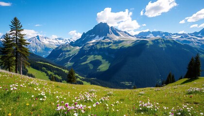 Mountainous Landscape with Majestic Peak, Green Fields and Wild Flowers Under Clear Blue Sky