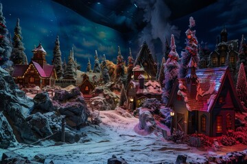 A charming village encircled by snow-laden trees, showcasing the beauty of a tranquil winter scene. A magical landscape of Santa's village in the North Pole .