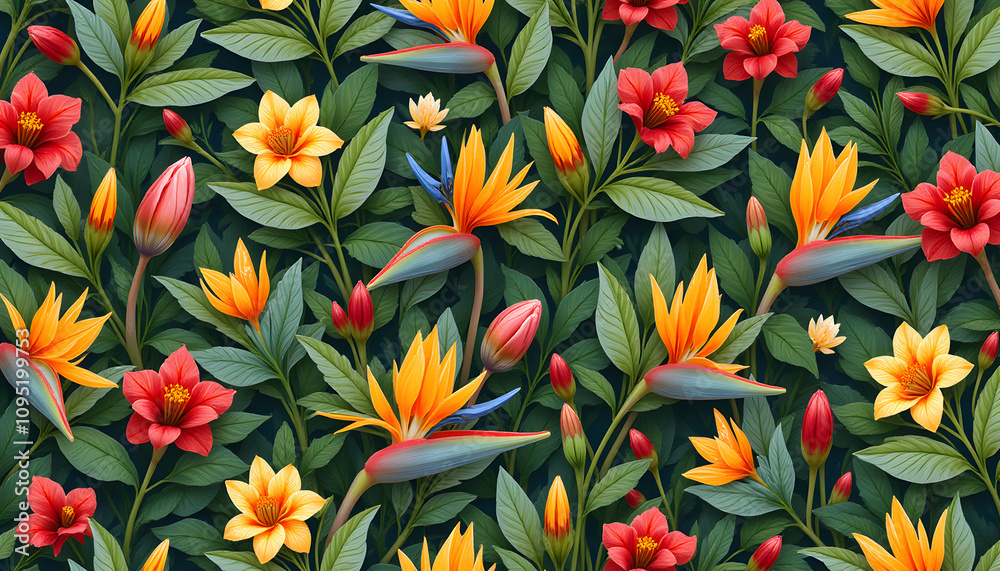 Wall mural seamless radiant bird of paradise texture with realistic patterns and soft lighting