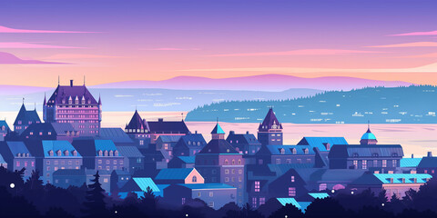 Quebec City skyline during a vibrant sunset. Beautiful panoramic view. Flat modern illustration style.