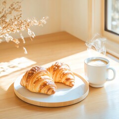 A cozy artisan bakery with freshly baked croissants and a steaming cup of latte