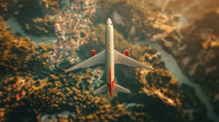 Airplane Overhead. Toy Miniature Plane Flat Lay for Travel and Holiday