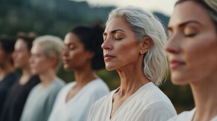 Obraz premium Meditation group with diverse individuals practicing mindfulness outdoors