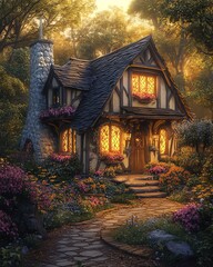 Fototapeta premium Cozy cottage at sunset, glowing windows, vibrant garden, magical setting