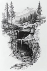 Fototapeta premium Crosssection showing underground water system, trees, and mountains