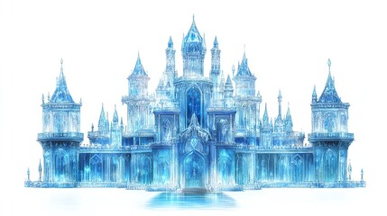 Fototapeta premium crystal palace with shimmering, translucent walls and intricate spires illustrations on isolated white Background