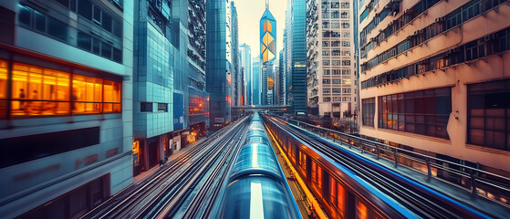 Fototapeta premium Hong Kong Cityscape: Subway Train, Skyscrapers, Urban Transport