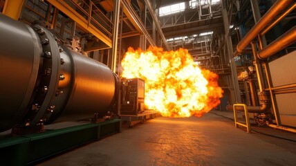 Dramatic explosion in an industrial setting showcasing safety hazards and machinery.